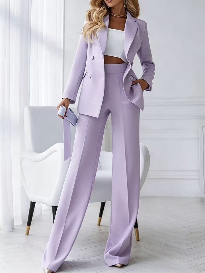 Women's two-piece business pantsuit with tailored double-breasted blazer and high-waisted palazzo pants Mune Fashion