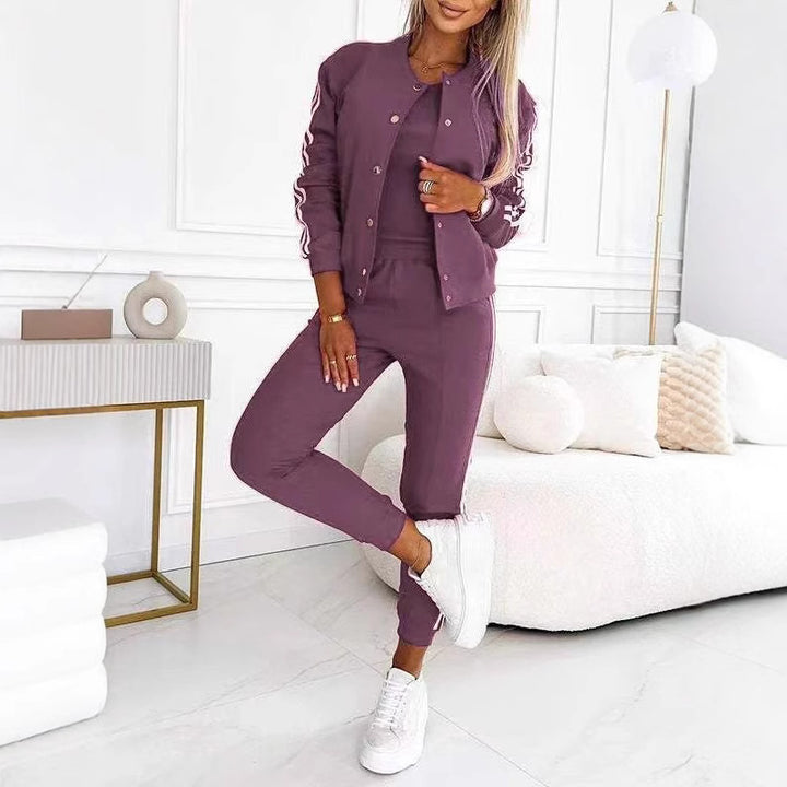 Women's trendy jogging suit set with college jacket, short top and slim-fit jogging pants Mune Fashion