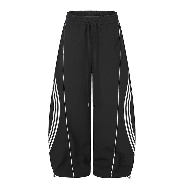 Women's Wide Tech Material Palazzo Pants with Drawstring Waistband, Reflective Side Stripes and Adjustable Cord Hem