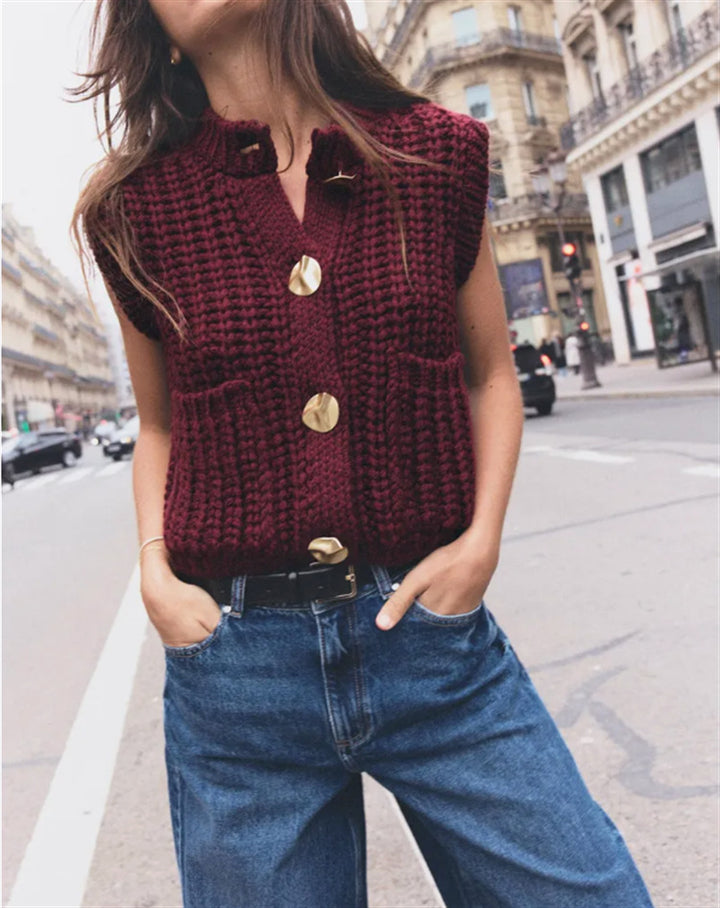 Women's chunky knit wool boxy vest with decorative buttons and side pockets Mune Fashion