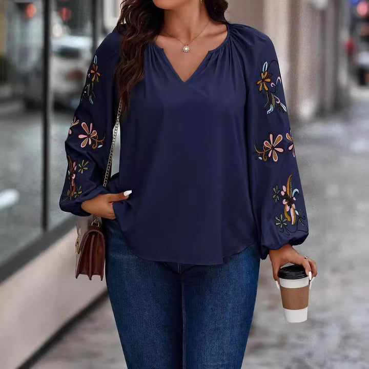 Women Loose Fit V-Neck Blouse with Floral Embroidery on Balloon Sleeves Mune Fashion