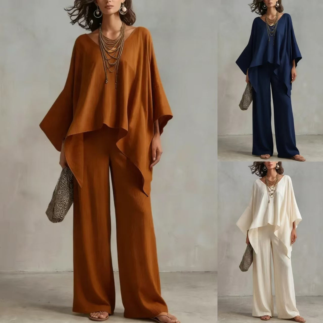 Women's Two-Piece Set with Oversized Poncho Top and Wide Palazzos Pants EB
