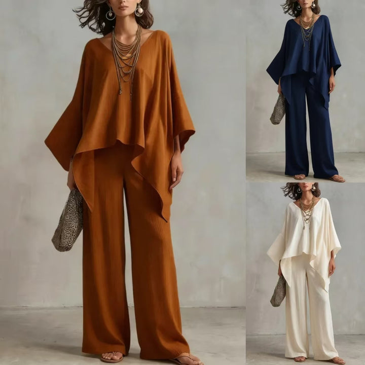 Women's Two-Piece Set with Oversized Poncho Top and Wide Palazzos Pants EB