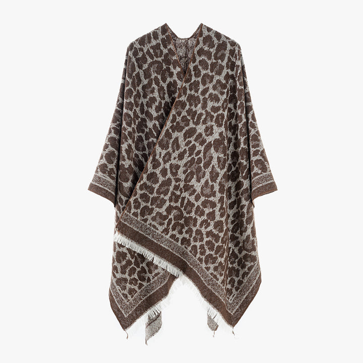 Women's Jacquard Poncho in Oversize Wrap with Leopard Print and Fringe Hem Mune Fashion