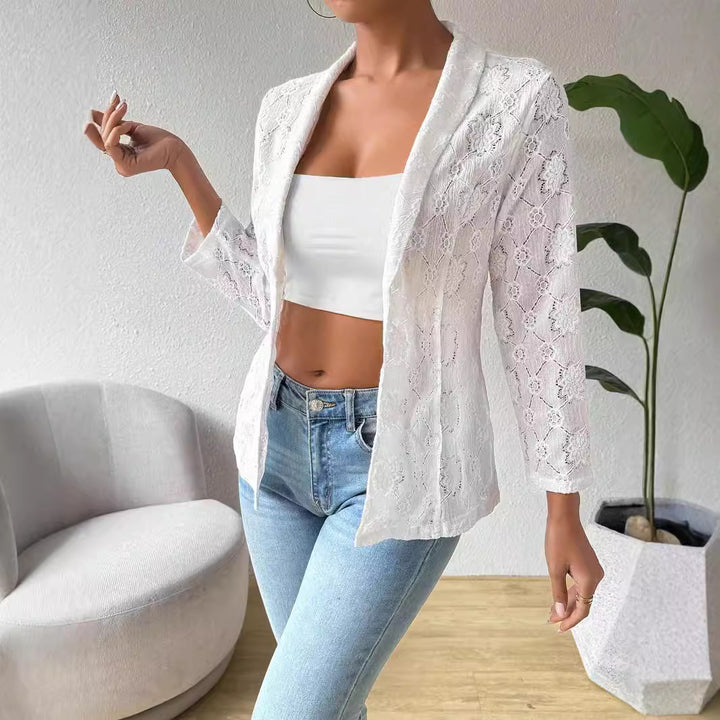 Women's transparent lace blazer with shawl collar and three-quarter length sleeves Mune Fashion