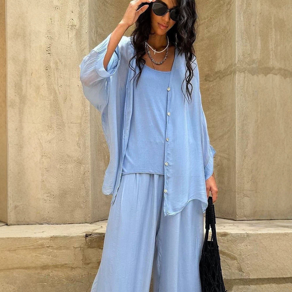 Women's Three-Piece Loungewear Set made of light viscose with oversized blouse, top and wide palazzo pants Mune Fashion