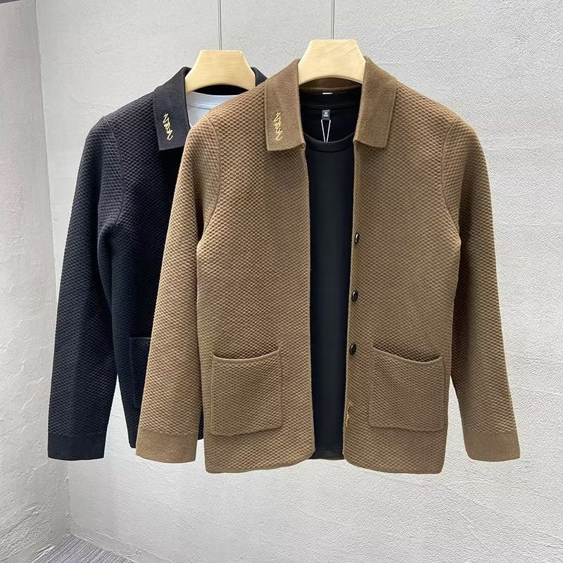Men's Structured Knit Transitional Jacket with Shirt Collar and Patch Pockets Mune Fashion