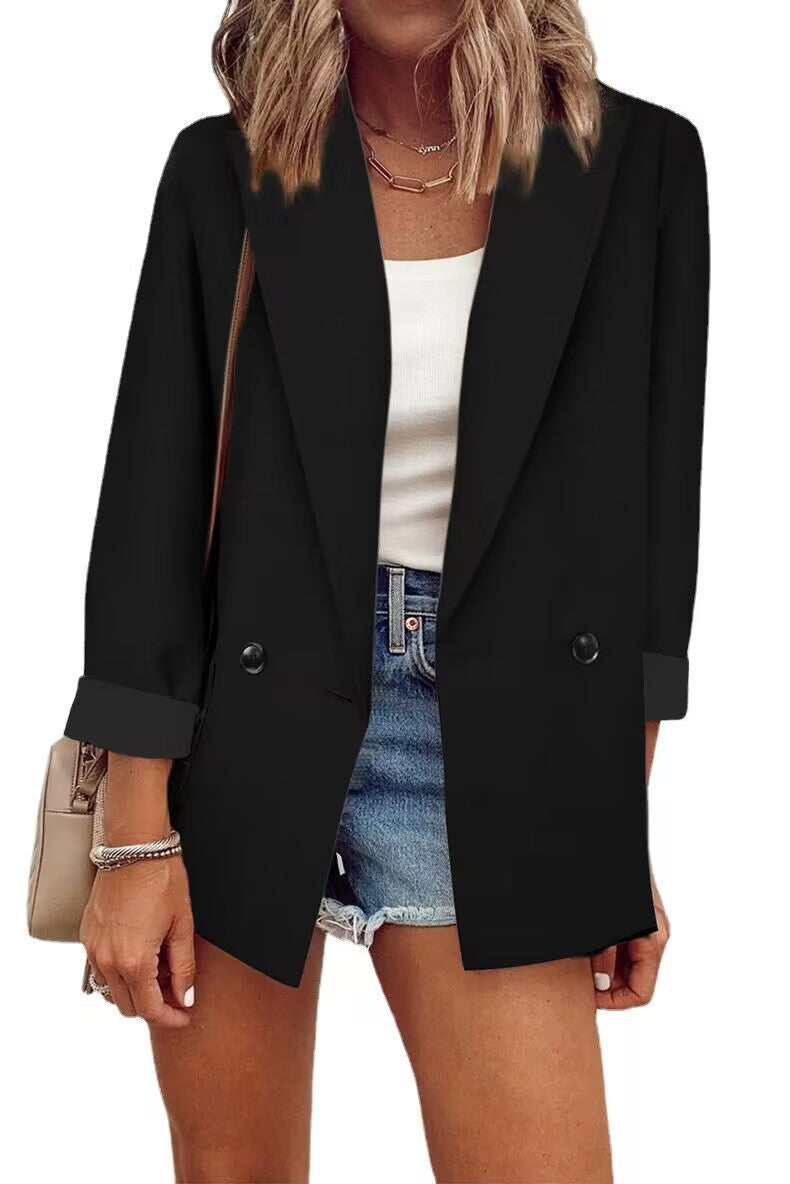 Women's Loose Longline Blazer with Rolled-Up Sleeves and Double-Breasted Button Placket Mune Fashion