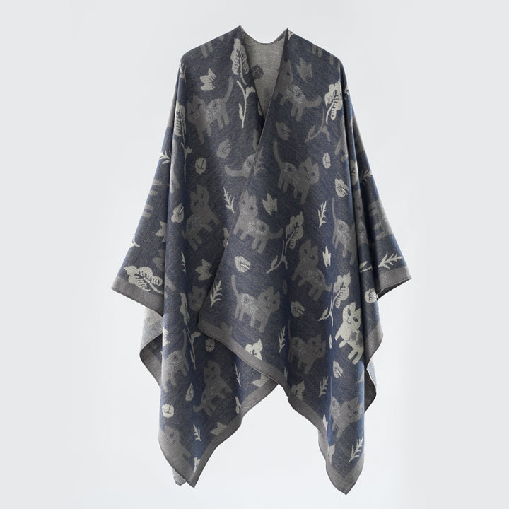 Ladies Oversized Ruana in Jacquard with Cat & Flower Motif Mune Fashion