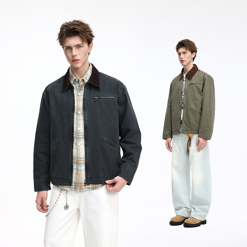 Men's casual jacket made of washed cotton canvas with cord collar and zip pocket Mune Fashion
