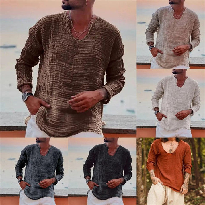 Men's Casual V-Neck Linen Shirt Mune Fashion