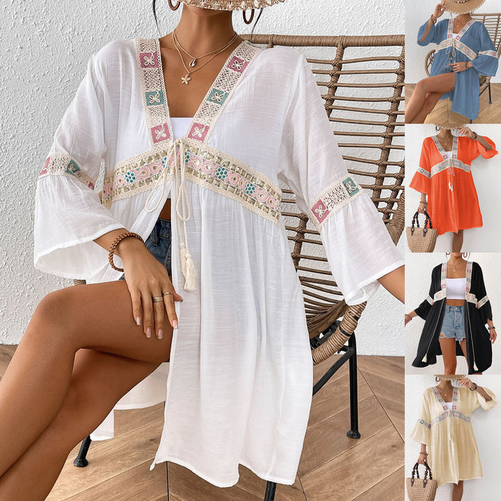 Women's airy beach kimono with floral embroidery Mune Fashion