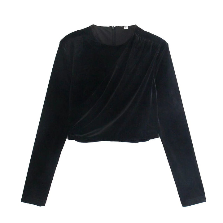 Women Velvet Cropped Blouse with Draping and Round Neck Mune Fashion