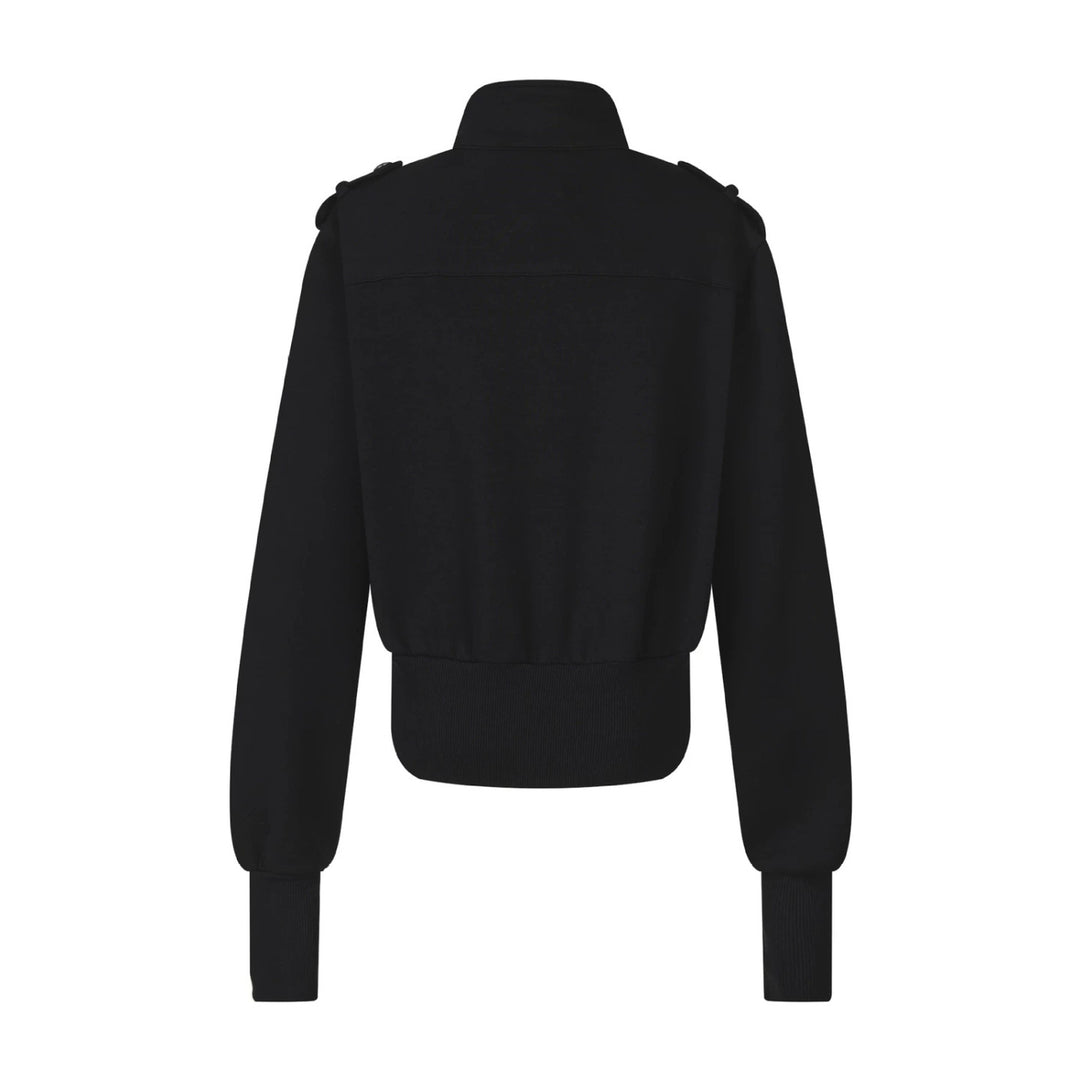 Women's Short Sweat Jacket in Military Style with Stand-Up Collar and Decorative Patches Mune Fashion
