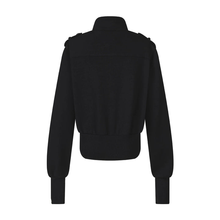 Women's Short Sweat Jacket in Military Style with Stand-Up Collar and Decorative Patches Mune Fashion