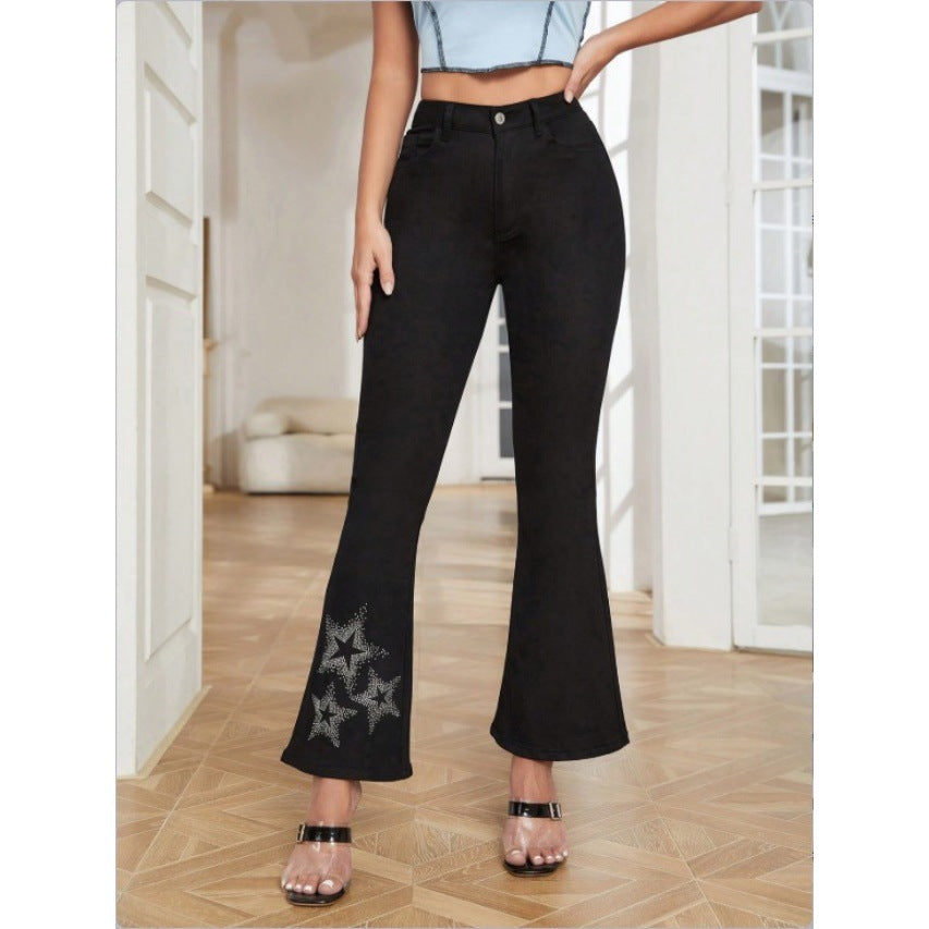 Women's High-Waisted Stretch Bootcut Jeans with Rhinestone Star Applique at Hem Mune Fashion