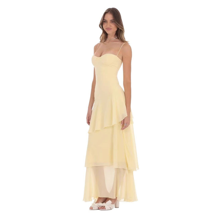 Women nan romantic tiered maxi dress with heart neckline and delicate spaghetti straps Mune Fashion