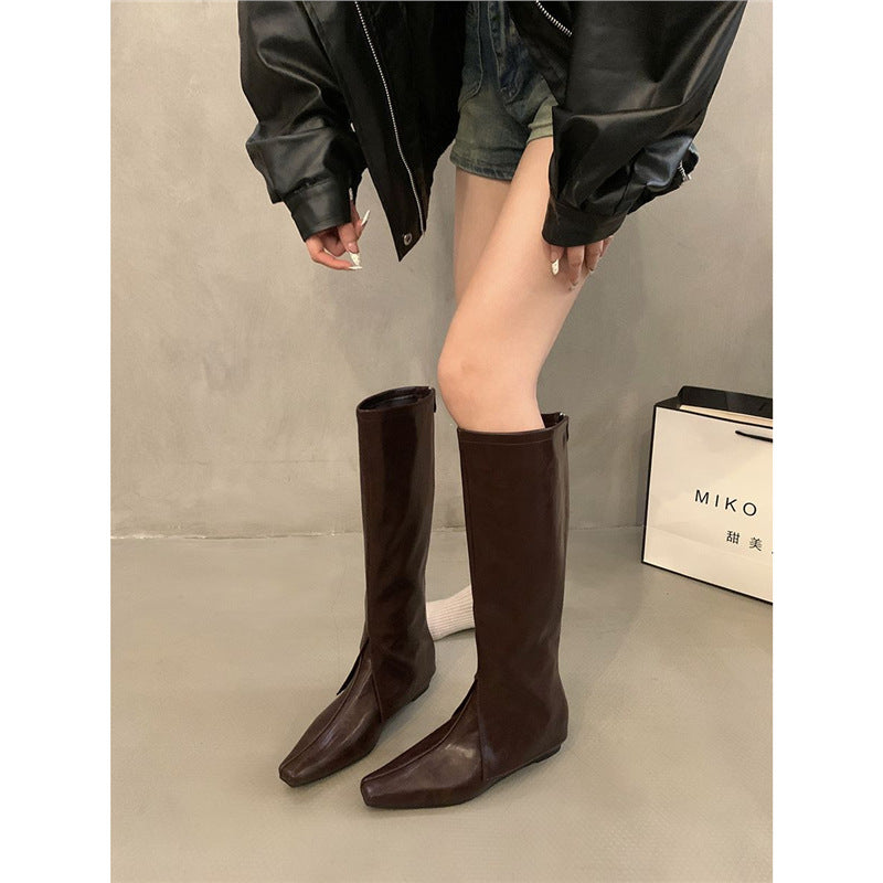 Women's knee-high slim fit pull-on boots with square toe Mune Fashion