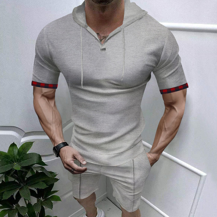 Men's summery hooded lounge set in lightweight waffle texture with short sleeve hoodie Henley opening and comfortable shorts Mune Fashion