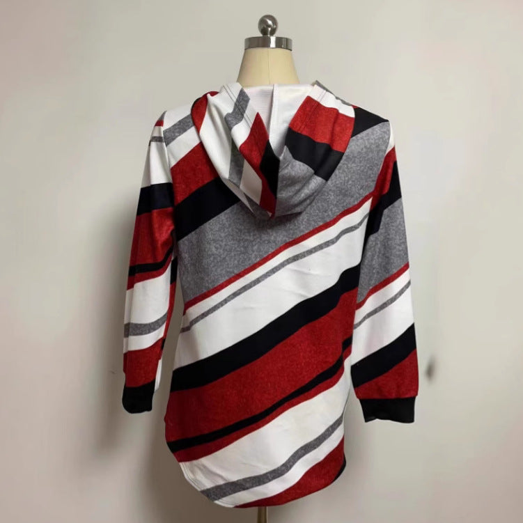 Women's longline hoodie jacket with diagonal stripe pattern, ring zipper and side pockets Mune Fashion