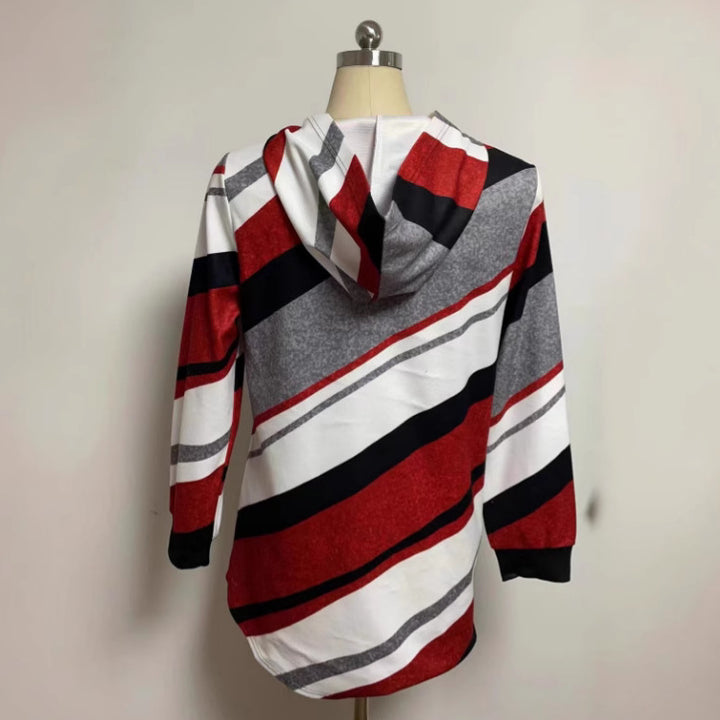 Women's longline hoodie jacket with diagonal stripe pattern, ring zipper and side pockets Mune Fashion