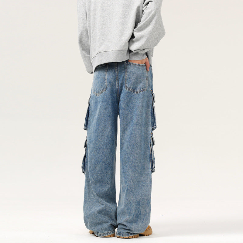 Men's Ultra Wide Denim Cargo Jeans in Baggy Cut with Multiple Flap Pockets Mune Fashion