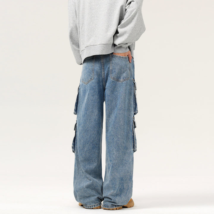 Men's Ultra Wide Denim Cargo Jeans in Baggy Cut with Multiple Flap Pockets Mune Fashion