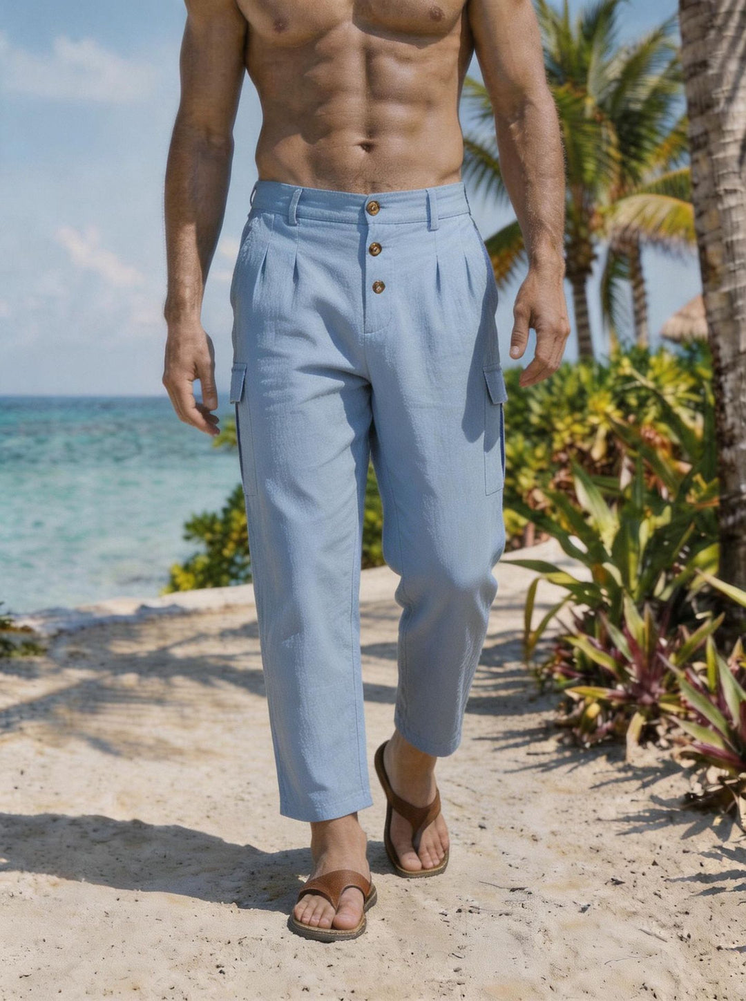Men's pleated cargo pants with button closure, applied cargo pockets, and cropped leg Mune Fashion