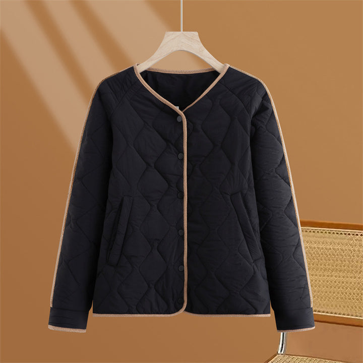 Women’s quilted transitional jacket with diamond stitching, round neck and press stud placket Mune Fashion