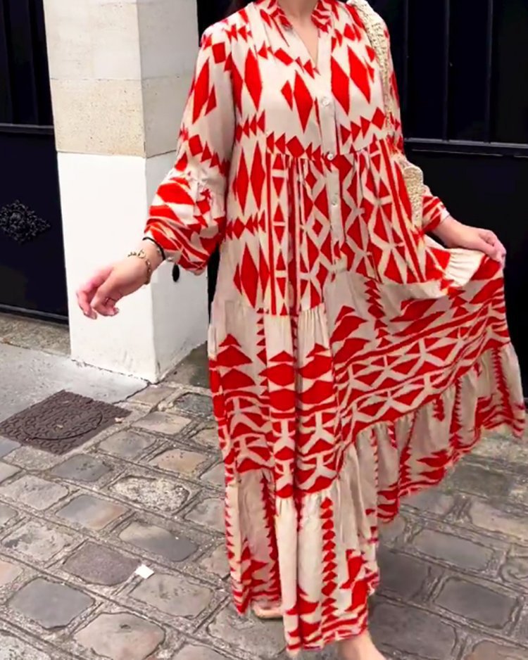 Women's Loose Maxi Dress in Boho Style with Graphic Print, V-Neck and Button Placket Mune Fashion
