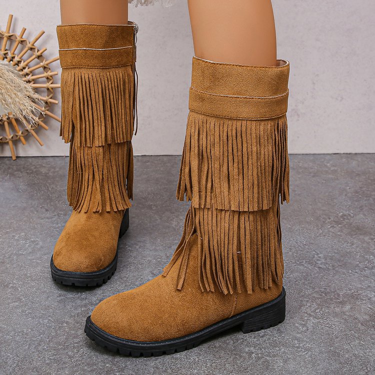 Women Mid-Calf Fringe Boots made of Suede Synthetic with multi-layered fringes and profiled rubber sole Mune Fashion