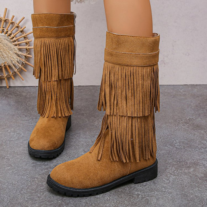 Women Mid-Calf Fringe Boots made of Suede Synthetic with multi-layered fringes and profiled rubber sole Mune Fashion