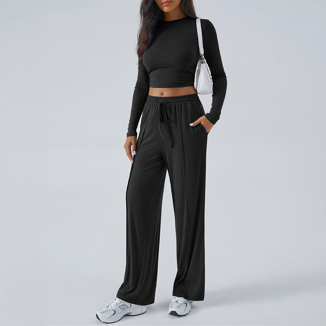 Ladies wide lounge pants with elastic drawstring waistband and flowing jersey quality Mune Fashion