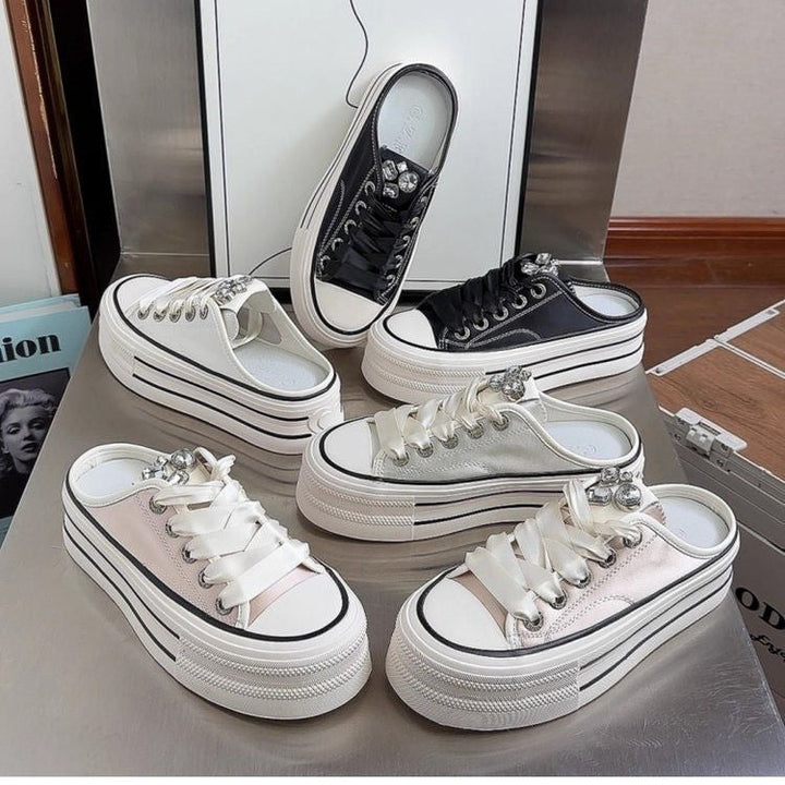 Ladies fashionable Slip-On Sneakers with sturdy platform and elegant satin straps Mune Fashion