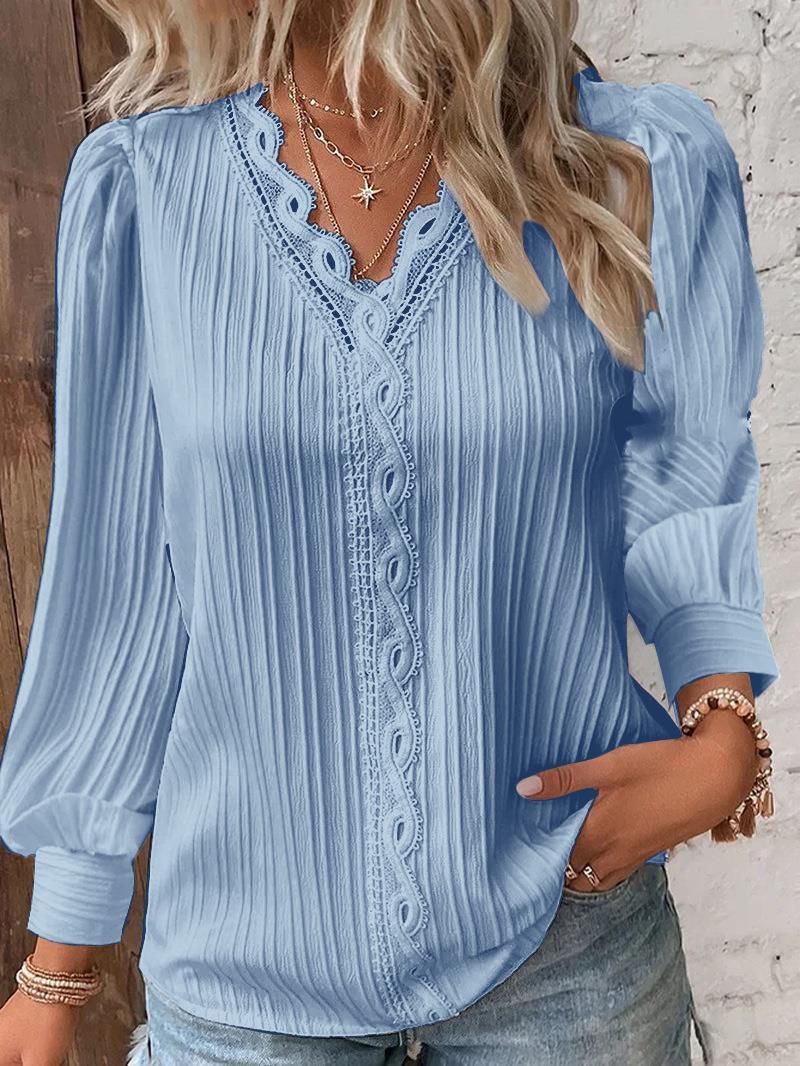Women's romantic V-neck lace blouse with pleats and puff sleeves Mune Fashion