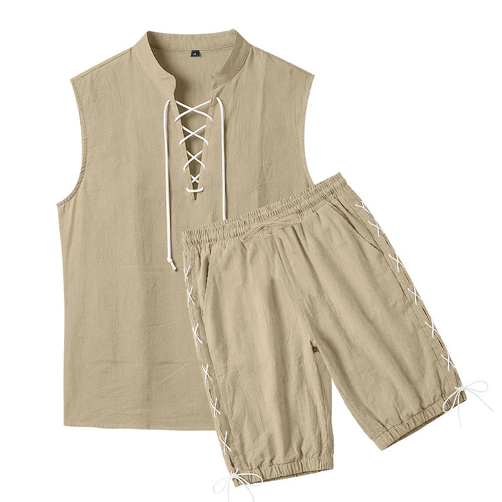 Men's sleeveless leisure set with lace collar and drawstring Bermuda Mune Fashion