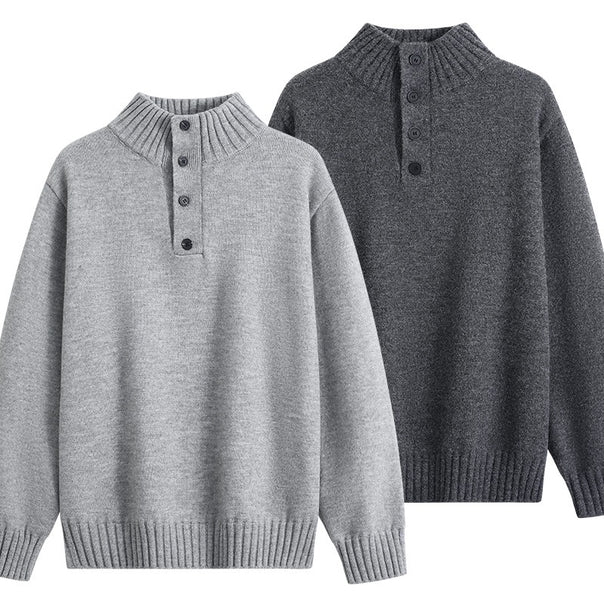 Men's oversized knit sweater with half button placket, high ribbed collar & ribbed hem