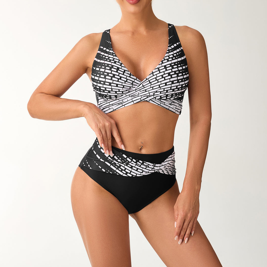 Women's High-Waisted Bikini Set with Laced Top and Graphic Accents Mune Fashion