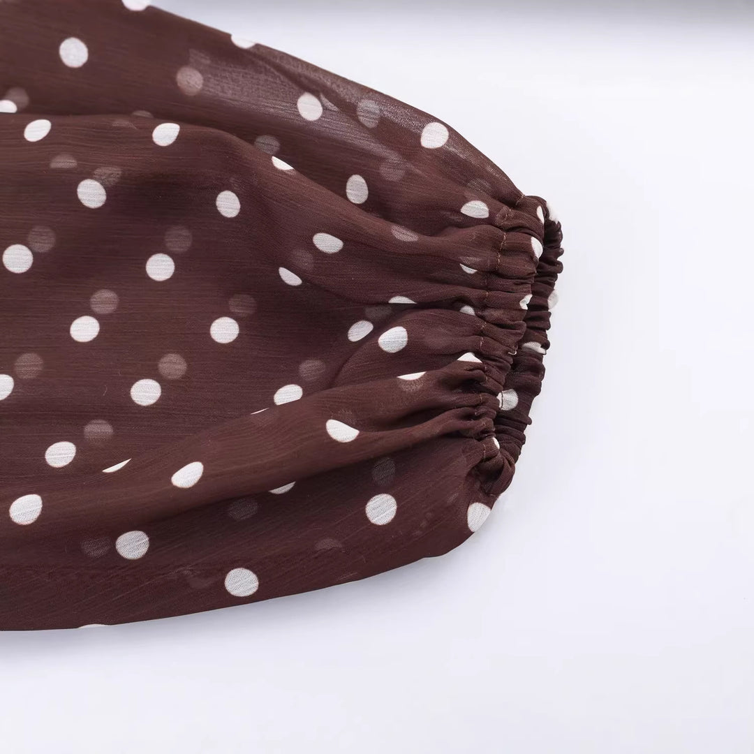 Women Polka Dot Chiffon Blouse with Tie and Synthetic Fur Trim Mune Fashion