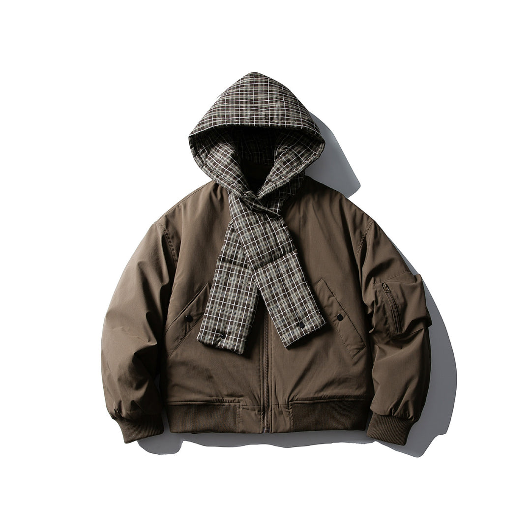 Men's Windproof Bomber Jacket with Quilted Checkered Hood and Integrated Scarf Mune Fashion