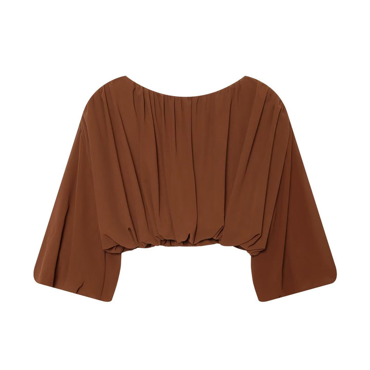 Women Airy Chiffon Short Blouse with Draping and Balloon Sleeves Mune Fashion