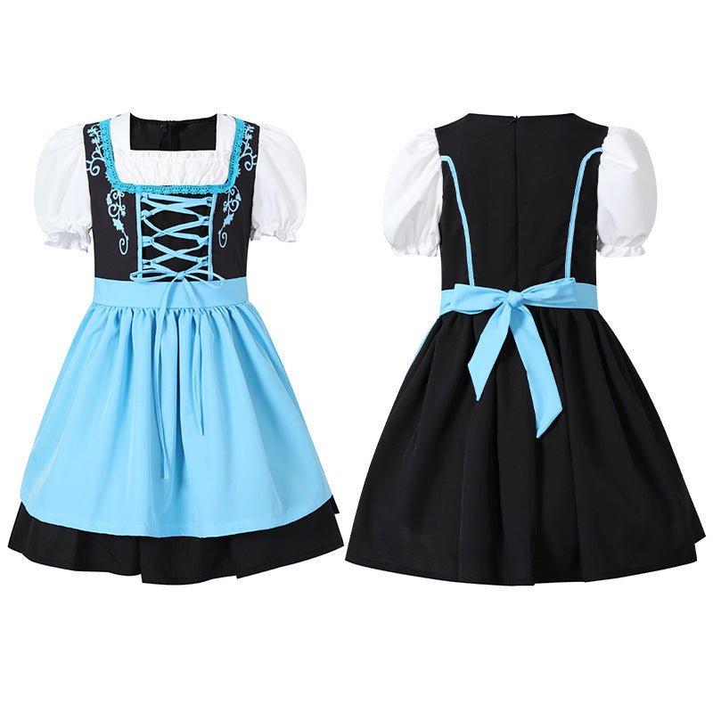 Ladies traditional Dirndl dress with laced bodice, puff sleeves and removable apron Mune Fashion