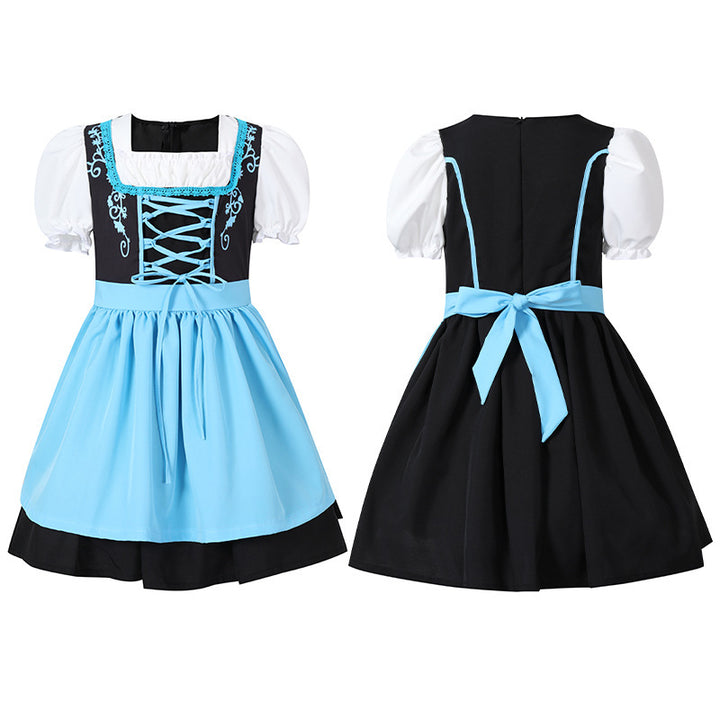 Ladies traditional Dirndl dress with laced bodice, puff sleeves and removable apron Mune Fashion