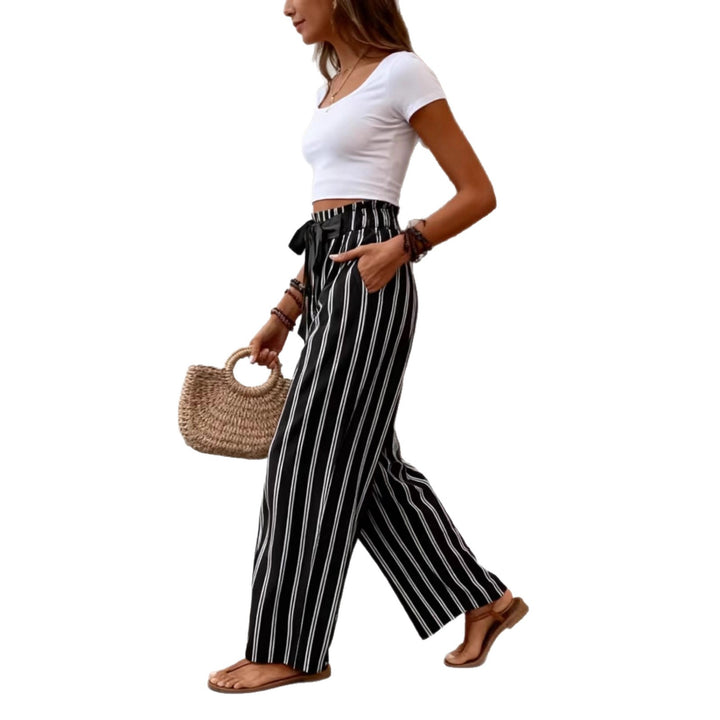 Women Striped High-Waist Paperbag Palazzo Pants with Wide Leg Drune