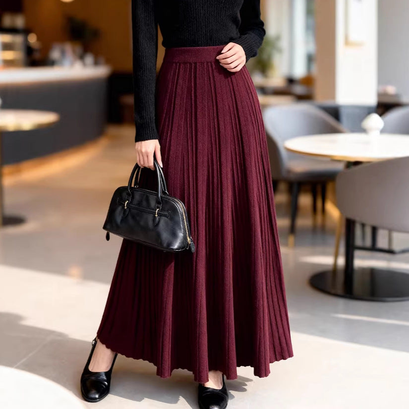 Women's flowing pleated midi maxi skirt in fine rib knit with elasticated waistband Mune Fashion
