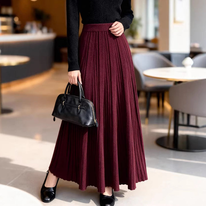 Women's flowing pleated midi maxi skirt in fine rib knit with elasticated waistband Mune Fashion