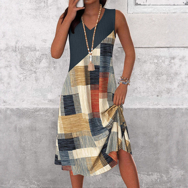Ladies' sleeveless V-neck midi dress with diagonal patchwork pattern and ribbed top Mune Fashion