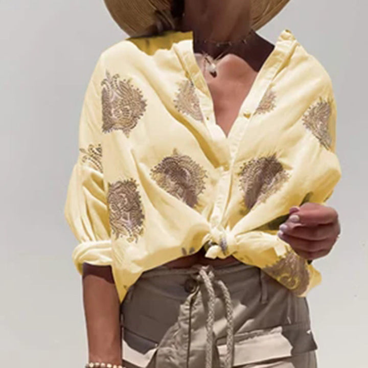 Women's oversized shirt blouse with knot front and paisley embroidery Mune Fashion
