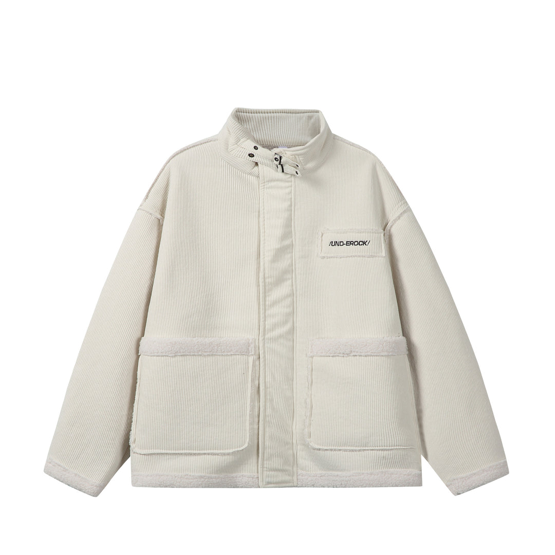 Unisex Short-cut Cord Jacket with Teddy Trim and Funnel Neck Mune Fashion