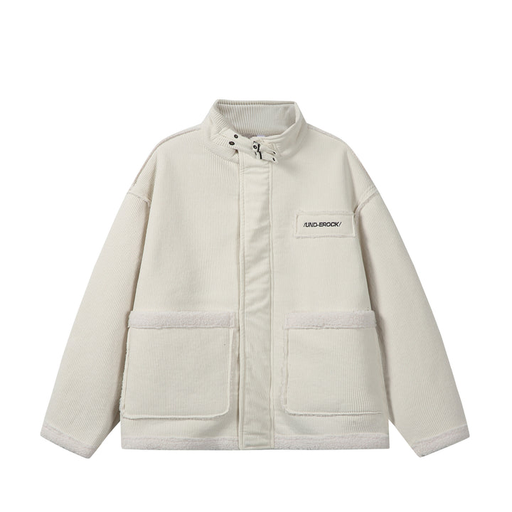 Unisex Short-cut Cord Jacket with Teddy Trim and Funnel Neck Mune Fashion